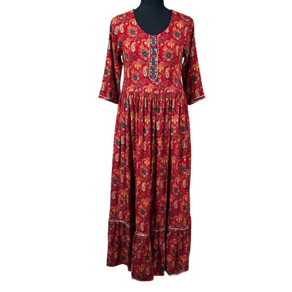 Arhaa Red Paisley Viscose Fit & Flare 3/4 Sleeve Boho Ethnic Maxi Dress Size S - Picture 2 of 12